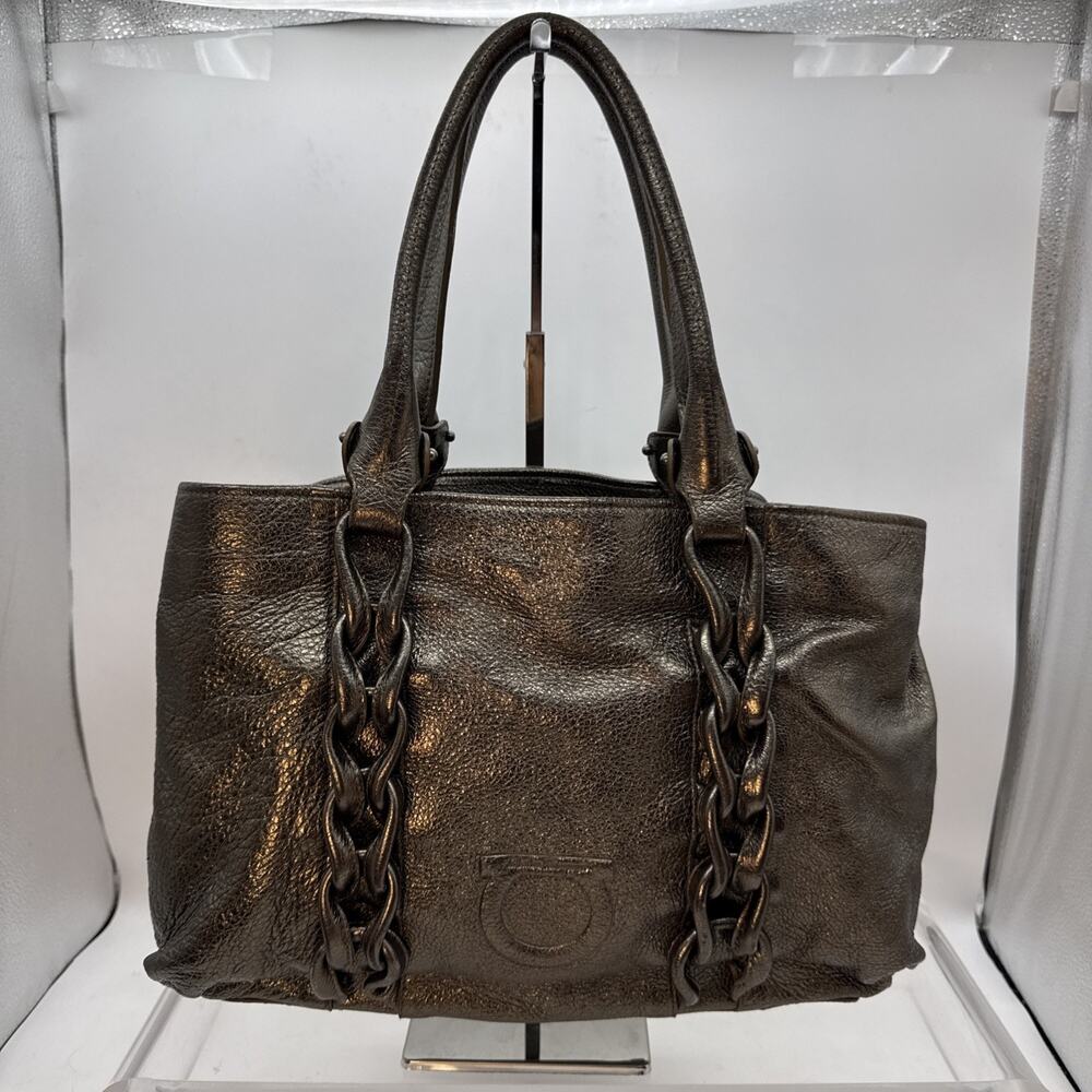 Authentic Salvatore Ferragamo Braided Tote Satchel Metallic Silver Leather